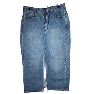 H&M Vintage Style Blue Denim Maxi Y2K Boho Pencil Skirt Front Slit Size 8